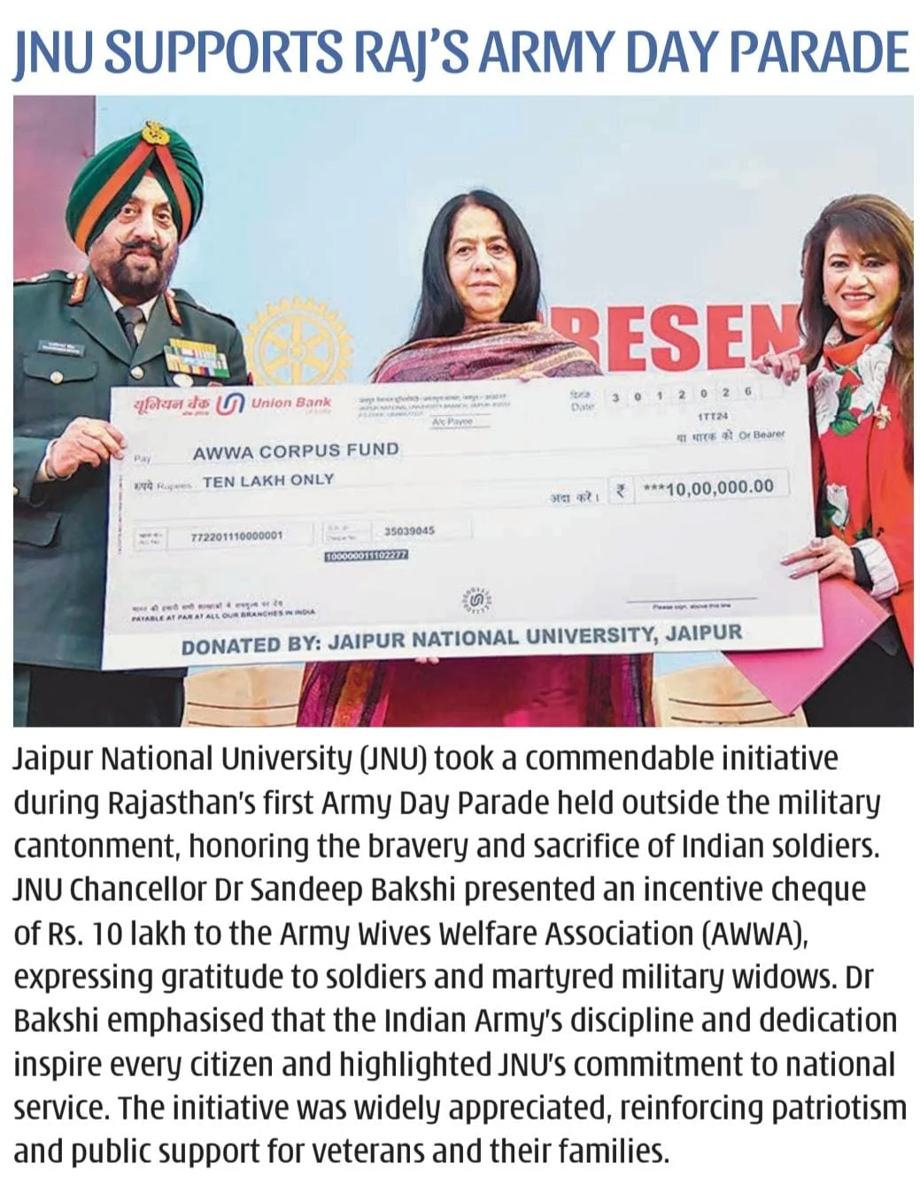 Dr. Sandeep Bakshi Donates ₹10 Lakh to Army Wives Welfare Association (AWWA)